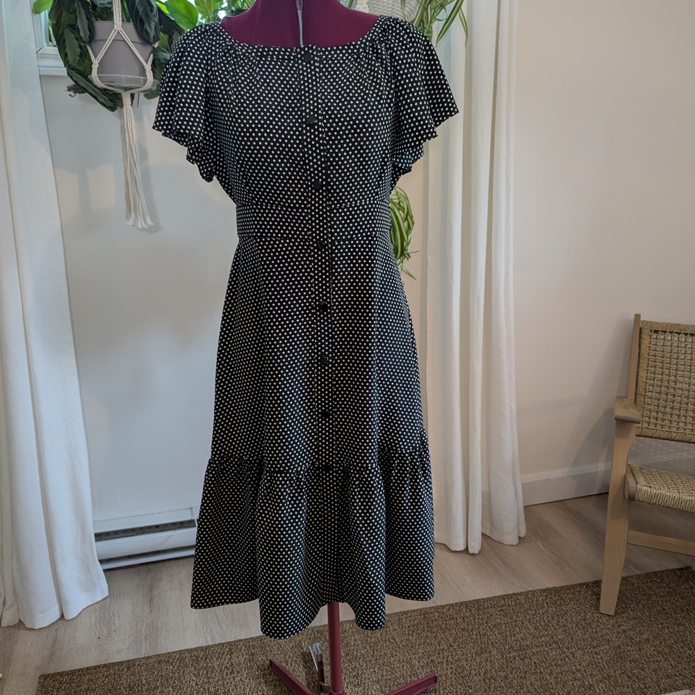 Handmade Black Polka Dot Midi Dress with Button Front / Small/Medium